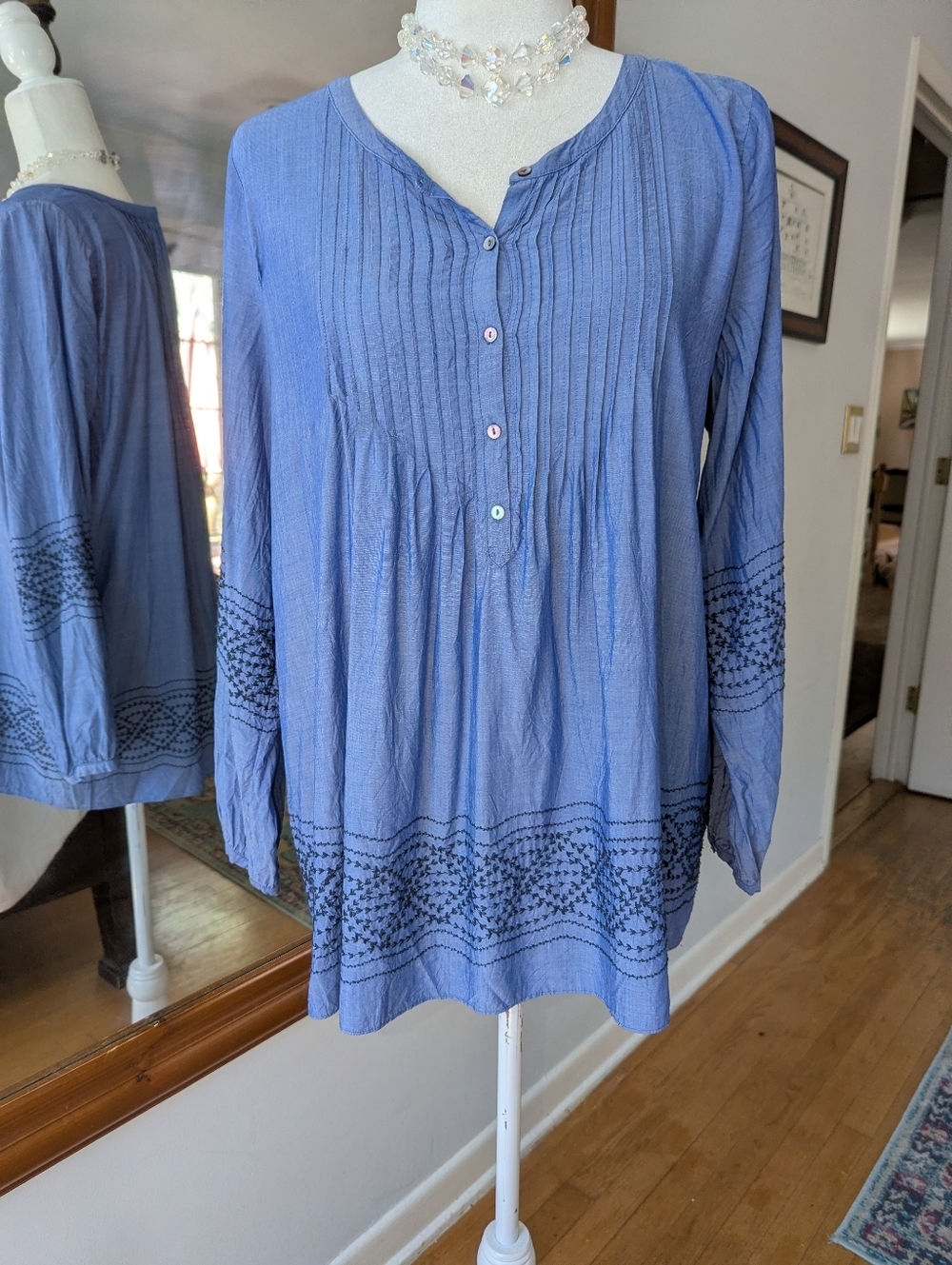 Calypso St. Barth Dusty Blue Pintuck Tunic with Black Embroidery